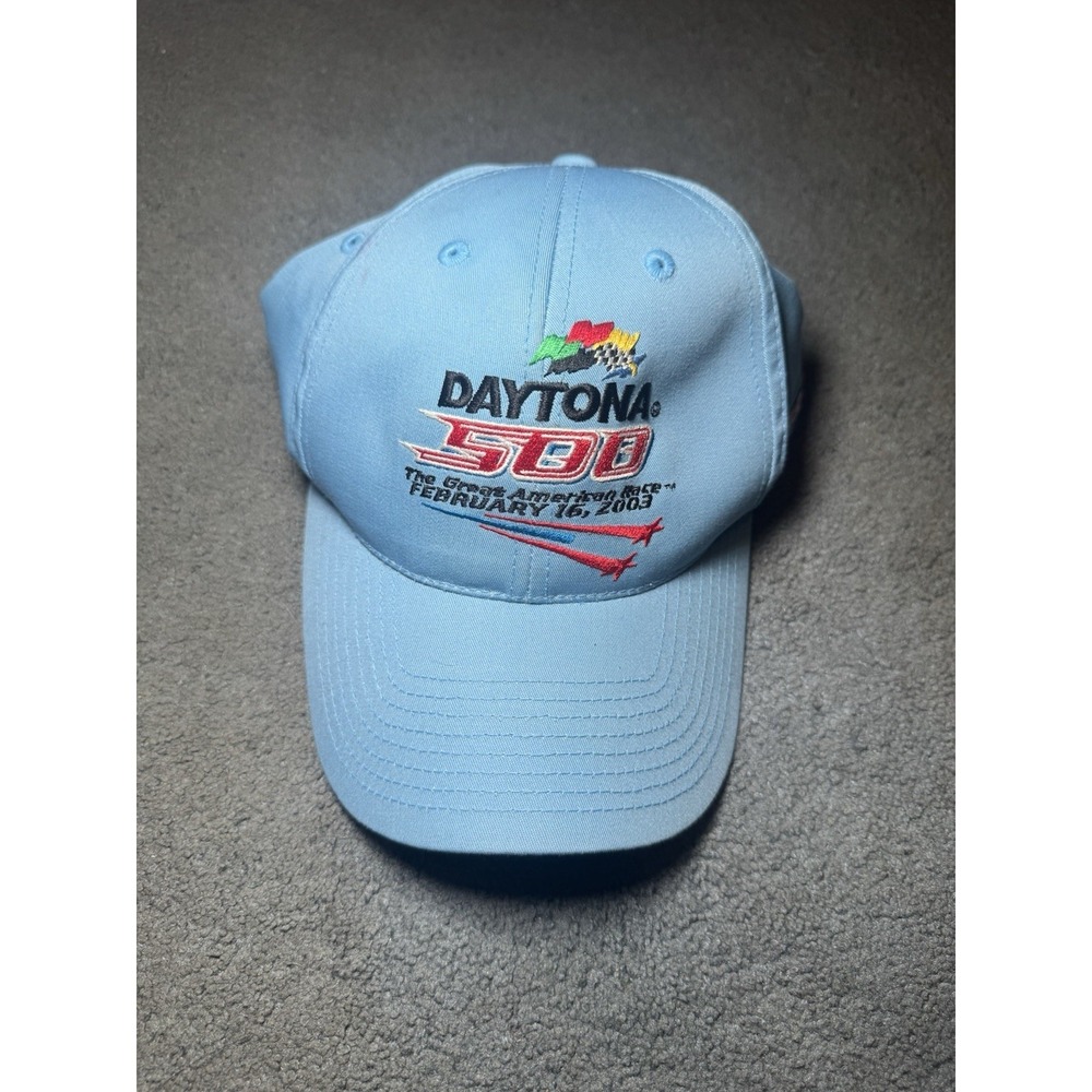 Vintage 2003 Daytona 500 NASCAR Snapback Hat Baby Blue Racing Cap Y2K